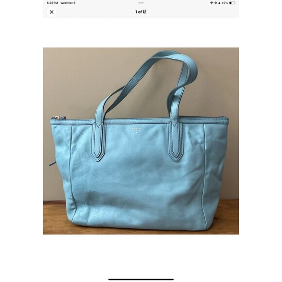 Fossil Sydney Brown sky blue Real Leather Shoulder Tote Shopper Carryall Bag - Picture 1 of 12